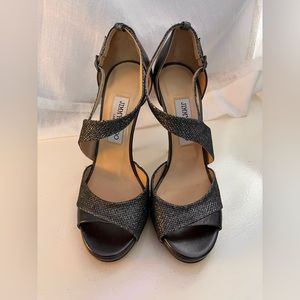 JIMMY CHOO London Silver Glitter Peep Toe Heels